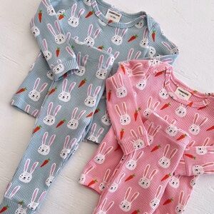 🐰🥕Blue Easter Bunny Organic Cotton Waffle 2-Piece Pajama Coord Set 12-18 mo